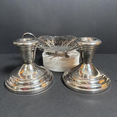 LOT 294: Vintage Sugar Bowls w/Sterling Silver Lids (3), Footed Cake Plate w/Silver Overlay Autumn Leaves, FB Rodgers Candle Holders...