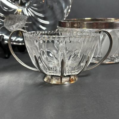 LOT 294: Vintage Sugar Bowls w/Sterling Silver Lids (3), Footed Cake Plate w/Silver Overlay Autumn Leaves, FB Rodgers Candle Holders...