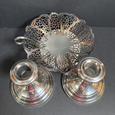 LOT 294: Vintage Sugar Bowls w/Sterling Silver Lids (3), Footed Cake Plate w/Silver Overlay Autumn Leaves, FB Rodgers Candle Holders...