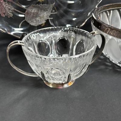 LOT 294: Vintage Sugar Bowls w/Sterling Silver Lids (3), Footed Cake Plate w/Silver Overlay Autumn Leaves, FB Rodgers Candle Holders...