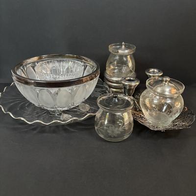 LOT 294: Vintage Sugar Bowls w/Sterling Silver Lids (3), Footed Cake Plate w/Silver Overlay Autumn Leaves, FB Rodgers Candle Holders...