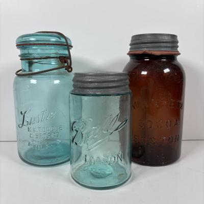 LOT 297: Vintage Wan Eta Amber Glass Mason Jar with Zinc Lid Cocoa Jar - Boston, Lustre-R.E. Tongue & Bros. Co., Phila. Mason Jar,...