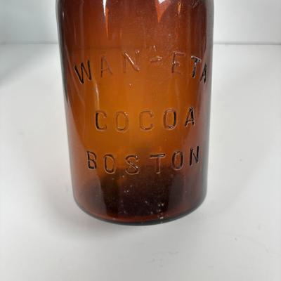 LOT 297: Vintage Wan Eta Amber Glass Mason Jar with Zinc Lid Cocoa Jar - Boston, Lustre-R.E. Tongue & Bros. Co., Phila. Mason Jar,...