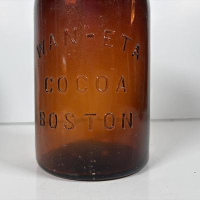 LOT 297: Vintage Wan Eta Amber Glass Mason Jar with Zinc Lid Cocoa Jar - Boston, Lustre-R.E. Tongue & Bros. Co., Phila. Mason Jar,...