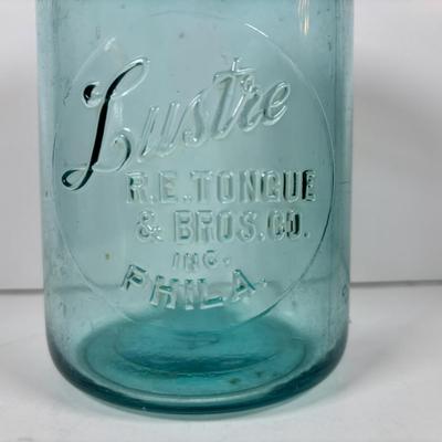 LOT 297: Vintage Wan Eta Amber Glass Mason Jar with Zinc Lid Cocoa Jar - Boston, Lustre-R.E. Tongue & Bros. Co., Phila. Mason Jar,...