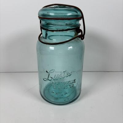 LOT 297: Vintage Wan Eta Amber Glass Mason Jar with Zinc Lid Cocoa Jar - Boston, Lustre-R.E. Tongue & Bros. Co., Phila. Mason Jar,...