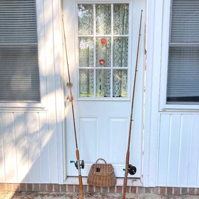 LOT 309: Set of (2) Wooden Fishing Poles with Penn Reels No 35 and No 79 & Wicker Fishing Creel