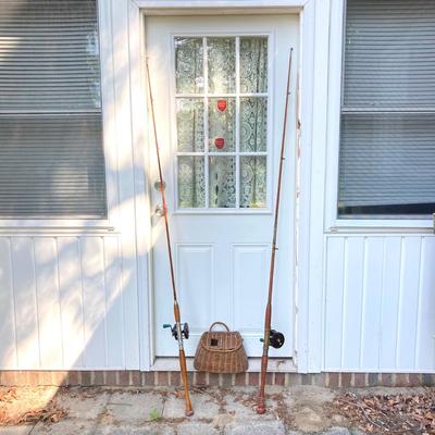 LOT 309: Set of (2) Wooden Fishing Poles with Penn Reels No 35 and No 79 & Wicker Fishing Creel