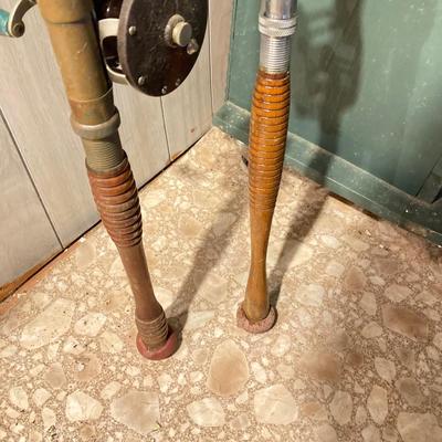 LOT 309: Set of (2) Wooden Fishing Poles with Penn Reels No 35 and No 79 & Wicker Fishing Creel