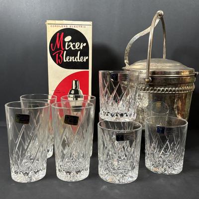 LOT 317: Vintage Silver on Copper Vacuum Insulted Ice Bucket, Lausitzer Hand-Cut Crystal Glass Set and Cordless Electric Mixer