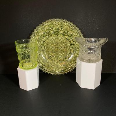 LOT 328: Beautiful Daisy & Button Glass and More - EAPN - Early American Patterned Glass Plate, Glass Top Hat and Vaseline Glowing...