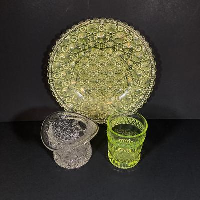 LOT 328: Beautiful Daisy & Button Glass and More - EAPN - Early American Patterned Glass Plate, Glass Top Hat and Vaseline Glowing...