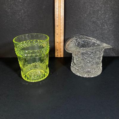 LOT 328: Beautiful Daisy & Button Glass and More - EAPN - Early American Patterned Glass Plate, Glass Top Hat and Vaseline Glowing...