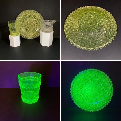 LOT 328: Beautiful Daisy & Button Glass and More - EAPN - Early American Patterned Glass Plate, Glass Top Hat and Vaseline Glowing...