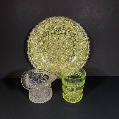 LOT 328: Beautiful Daisy & Button Glass and More - EAPN - Early American Patterned Glass Plate, Glass Top Hat and Vaseline Glowing...