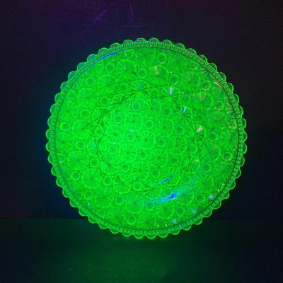 LOT 328: Beautiful Daisy & Button Glass and More - EAPN - Early American Patterned Glass Plate, Glass Top Hat and Vaseline Glowing...