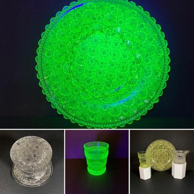 LOT 328: Beautiful Daisy & Button Glass and More - EAPN - Early American Patterned Glass Plate, Glass Top Hat and Vaseline Glowing...