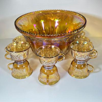 LOT 337: Dazzling Carnival Glass Punch Bowl with Twelve Cups