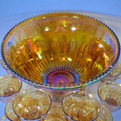 LOT 337: Dazzling Carnival Glass Punch Bowl with Twelve Cups