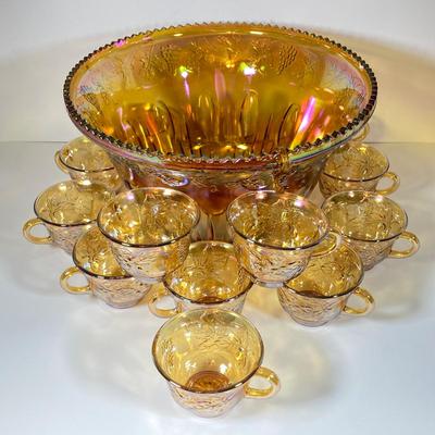 LOT 337: Dazzling Carnival Glass Punch Bowl with Twelve Cups