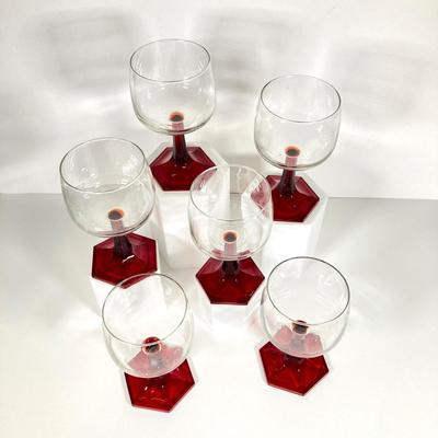 LOT 338: Red Glass Entertaining Collection - Serving Bowl / Plate and Six France Stemmed Glasses