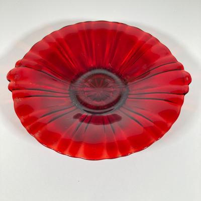 LOT 338: Red Glass Entertaining Collection - Serving Bowl / Plate and Six France Stemmed Glasses