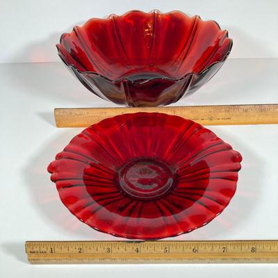 LOT 338: Red Glass Entertaining Collection - Serving Bowl / Plate and Six France Stemmed Glasses