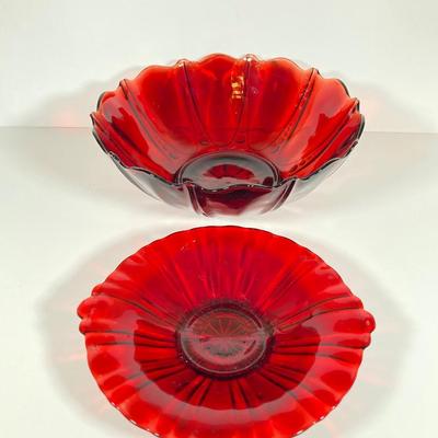 LOT 338: Red Glass Entertaining Collection - Serving Bowl / Plate and Six France Stemmed Glasses