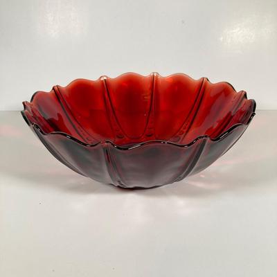 LOT 338: Red Glass Entertaining Collection - Serving Bowl / Plate and Six France Stemmed Glasses