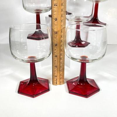 LOT 338: Red Glass Entertaining Collection - Serving Bowl / Plate and Six France Stemmed Glasses