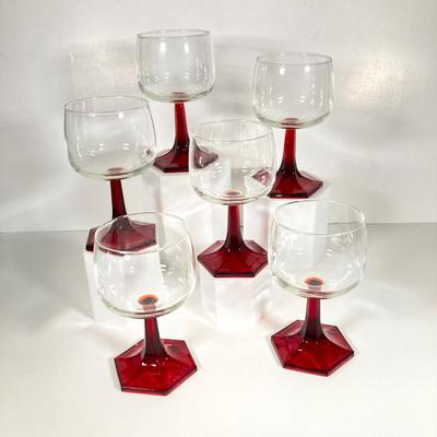 LOT 338: Red Glass Entertaining Collection - Serving Bowl / Plate and Six France Stemmed Glasses