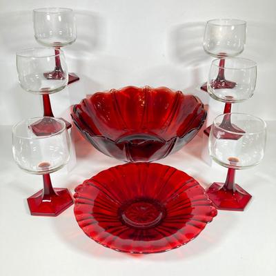 LOT 338: Red Glass Entertaining Collection - Serving Bowl / Plate and Six France Stemmed Glasses