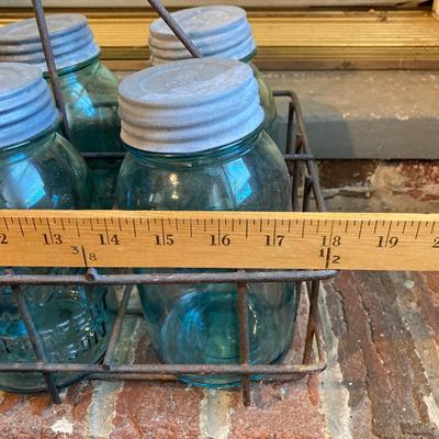 LOT 341: Vintage Blue Glass Canning Jars with Metal Carrier Rack