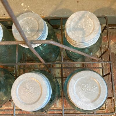 LOT 341: Vintage Blue Glass Canning Jars with Metal Carrier Rack