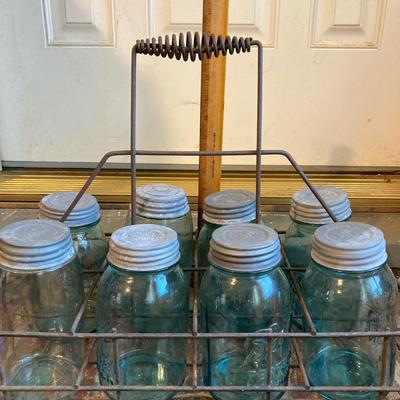 LOT 341: Vintage Blue Glass Canning Jars with Metal Carrier Rack