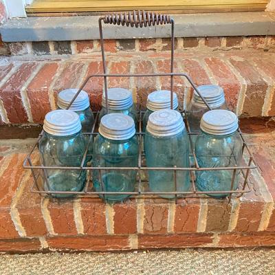 LOT 341: Vintage Blue Glass Canning Jars with Metal Carrier Rack