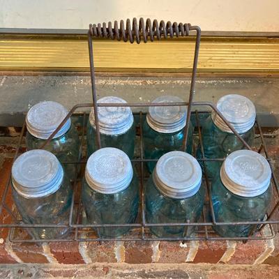 LOT 341: Vintage Blue Glass Canning Jars with Metal Carrier Rack
