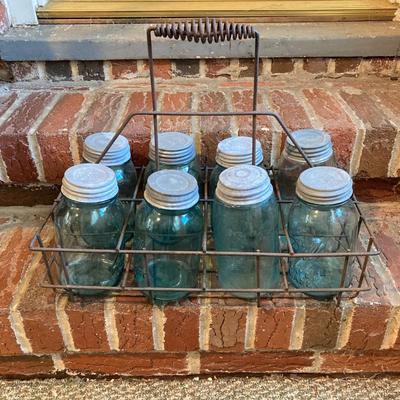 LOT 341: Vintage Blue Glass Canning Jars with Metal Carrier Rack