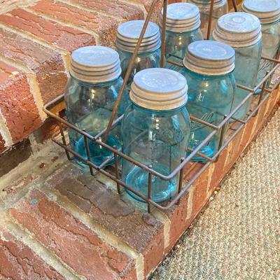 LOT 341: Vintage Blue Glass Canning Jars with Metal Carrier Rack