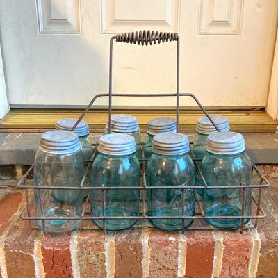 LOT 341: Vintage Blue Glass Canning Jars with Metal Carrier Rack