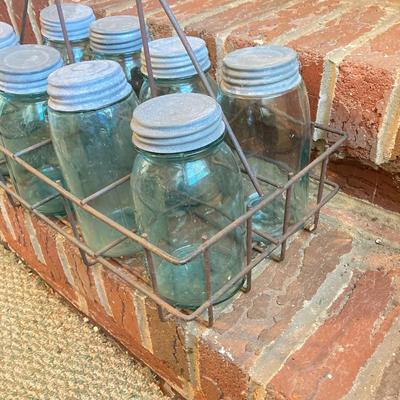 LOT 341: Vintage Blue Glass Canning Jars with Metal Carrier Rack