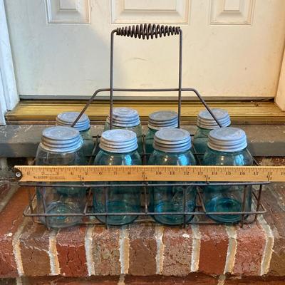 LOT 341: Vintage Blue Glass Canning Jars with Metal Carrier Rack