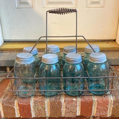 LOT 341: Vintage Blue Glass Canning Jars with Metal Carrier Rack