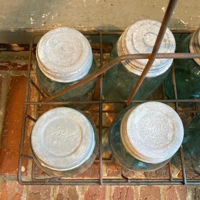 LOT 341: Vintage Blue Glass Canning Jars with Metal Carrier Rack