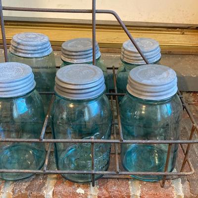 LOT 341: Vintage Blue Glass Canning Jars with Metal Carrier Rack
