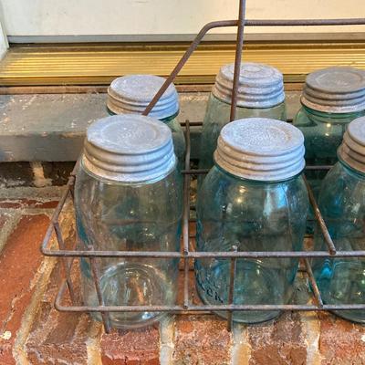 LOT 341: Vintage Blue Glass Canning Jars with Metal Carrier Rack