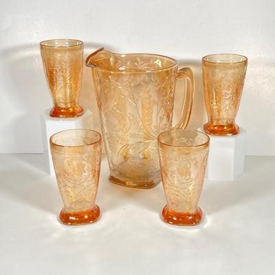 LOT 342: Carnival Glass Pitcher with Four Drinking Glasses