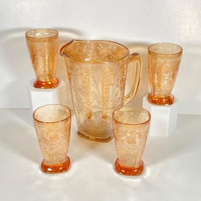 LOT 342: Carnival Glass Pitcher with Four Drinking Glasses