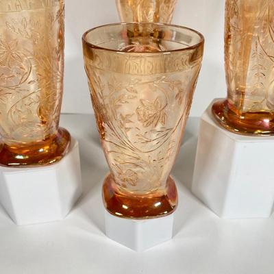 LOT 342: Carnival Glass Pitcher with Four Drinking Glasses