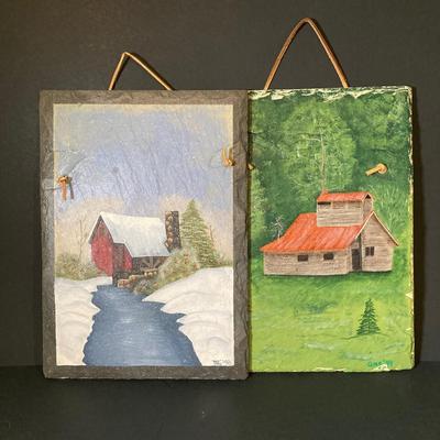 LOT 347: Pair of Slate Painted Landscape Wall Decor - Signed by Artist